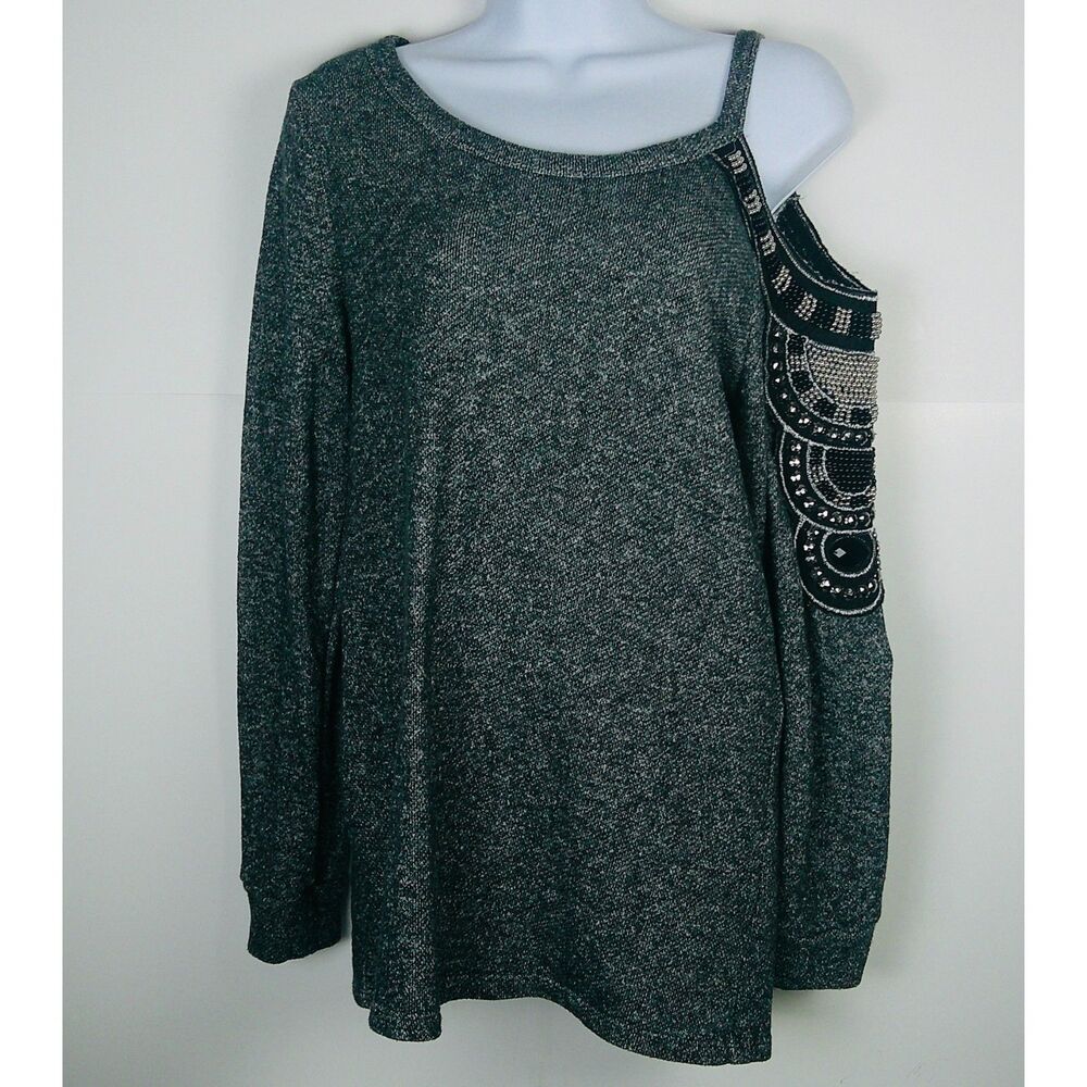VENUS WOMEN GRAY LONG SLEEVE OFF ONE SHOULD EMBROIDERED KNIT TOP. SIZE S